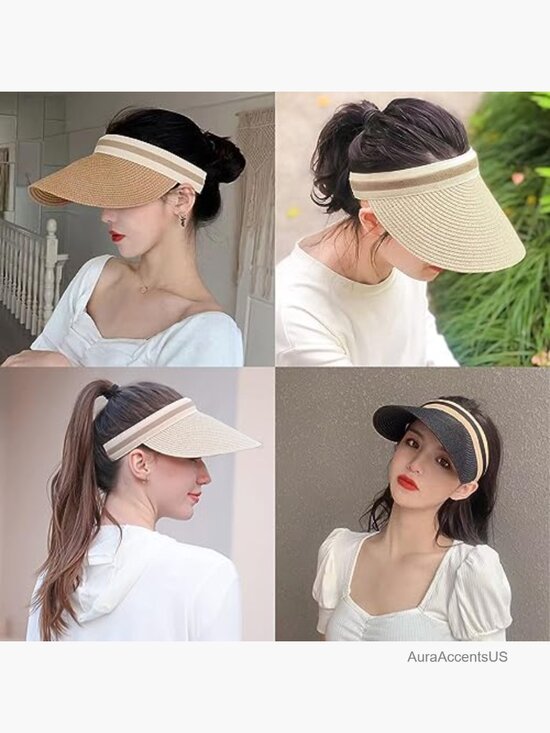 4 Pack Straw Sun Visor Hats for Women UPF 50+ Wide Brim Ponytail main image 4